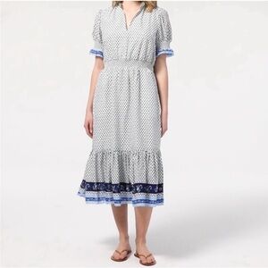 J Crew Ferris Prairie Cottagecore Floral Midi Dress White Blue Size L